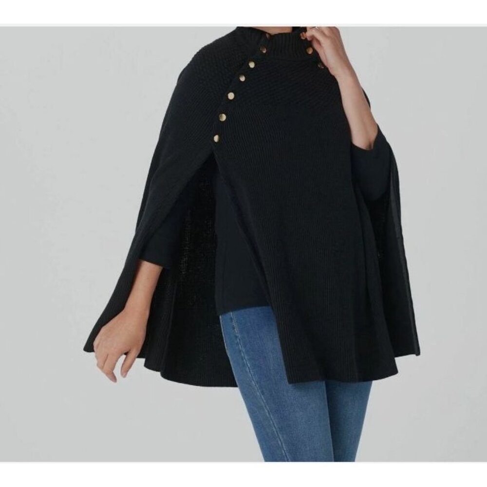 G.I.L.I. Got It Love It Sweater Cape Poncho Gold Button Navy Blue Knit Size XS/S - Picture 2 of 11